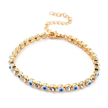Flat Round with Evil Eye Link Chain Bracelet, Clear Cubic Zirconia Tennis Bracelet, Brass Jewelry for Women, Golden, Dodger Blue, 7-1/8 inch(18.2cm)