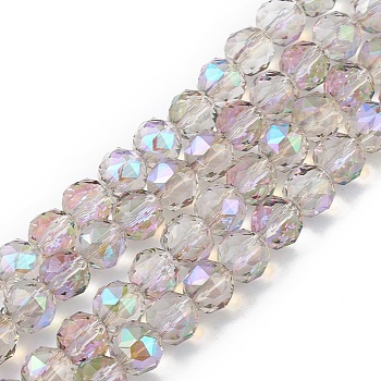 Transparent Electroplate Glass Beads Strands, Faceted, Round, Half Rainbow Plated, Lilac, 9~10x9~9.5mm, Hole: 1.4mm, about 54~60pcs/strand, 18.90~21.65 inch(48~55cm)