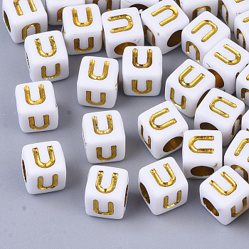 Plating Acrylic Beads, Horizontal Hole, Golden Metal Enlaced, Alphabet Style, Cube, Letter.U, 5.5~6x5.5~6x5.5~6mm, Hole: 3.5mm, about 3000pcs/500g