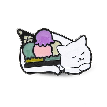 Cat with Ice Cream Enamel Pins, Electrophoresis Black Zinc Alloy Brooch for Women, White, 13.5x21.5x1.3mm