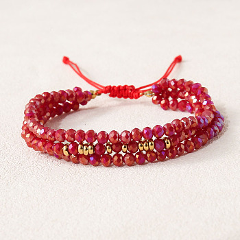 Bohemian Style Glass Beaded Braided Bead Bracelets, Multi-strand Layed Bracelets for Women, Faceted, Medium Violet Red