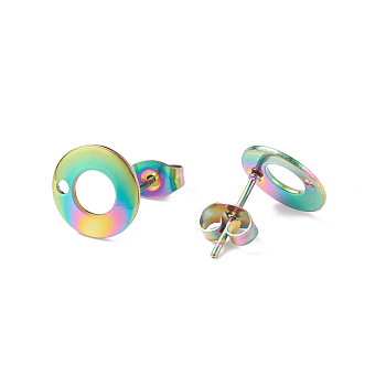 Ion Plating(IP)  304 Stainless Steel Stud Earring Findings, with Loop & Earring Backs, Flat Round, Rainbow Color, 10x1mm, Hole: 1.5mm, Pin: 0.8mm