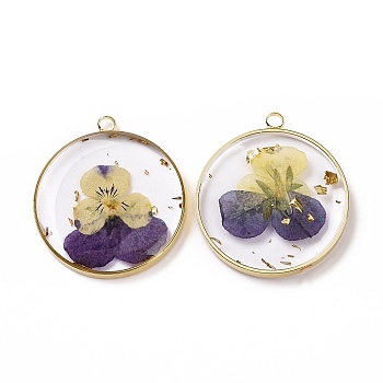 Transparent Clear Epoxy Resin Pendants, with Edge Golden Plated Brass Loops and Gold Foil, Flat Round Charms with Inner Flower, Indigo, 33.8x30x4mm, Hole: 2.5mm