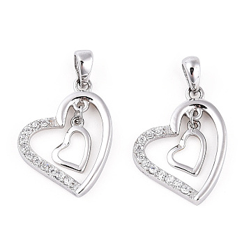 Rhodium Plated 925 Sterling Silver Micro Pave Clear Cubic Zirconia Pendants, Double Heart Charms wit 925 Stamp, Real Platinum Plated, 22x17x2mm, Hole: 3x4.5mm, Small Heart: 10x7.5x0.8
