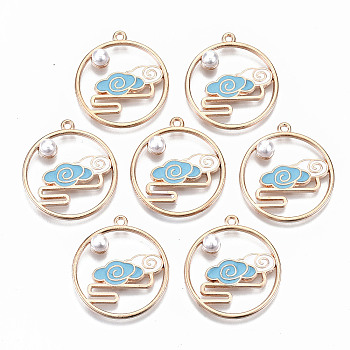 Chinese Style Alloy Pendants, with Enamel and ABS Plastic Imitation Pearl, Flat Round with Cloud, Cadmium Free & Lead Free, Light Gold, Light Sky Blue, 29.5x26.5x6mm, Hole: 1.6mm