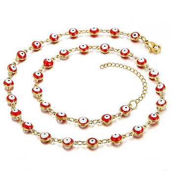 Enamel Evil Eye Link Chain Necklace, Golden Stainless Steel Necklace, Red, 17.72 inch(45cm)