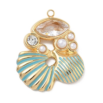 304 Stainless Steel Enamel Pendants, Shell Shape with Horse Eye Charms, with Rhinestone Beads and Plastic Pearls Beads, Golden, 25.5x20.5x4mm, Hole: 1.5mm
