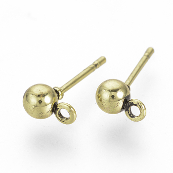 Iron Ball Stud Earring Findings, with Loop, Antique Golden, 6.5x4mm, Hole: 1mm, Pin: 0.8mm