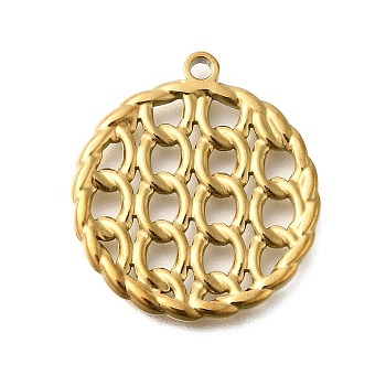 PVD Vacuum Plating 201 Stainless Steel Pendants, Hollow Flat Round with Curb Chain Charm, Real 18K Gold Plated, 24x22x2mm, Hole: 1.6mm