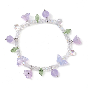 Dyed Natural Malaysia Jade & Glass Beaded Stretch Bracelet with Flower Charms, Inner Diameter: 2-3/8 inch(6.1cm)