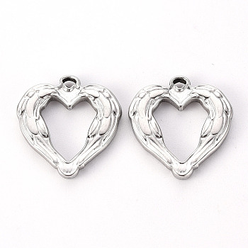 304 Stainless Steel Pendants, Feather Heart, Stainless Steel Color, 22x21x3mm, Hole: 1.6mm