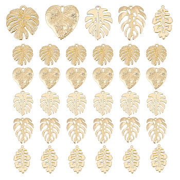 Elite Monstera Leaf Pendant Sets, including 35Pcs 5 Style Iron & Alloy & 304 Stainless Steel Pendant, Golden, 13~36x9~26.5x1~3mm, Hole: 1~2mm, 7pcs/style