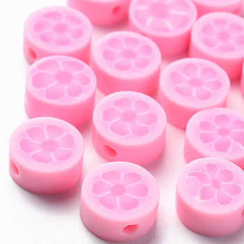 Handmade Polymer Clay Beads, Flat Round with Flower, Pink, 9~10x4~5mm, Hole: 1.4mm