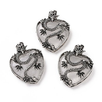 Natural Quartz Crystal Pendants, Heart Charms, with Rack Plating Antique Silver Tone Alloy Dragon Findings, 41~41.5x31.5~32x11.5mm, Hole: 6.5x8.5mm