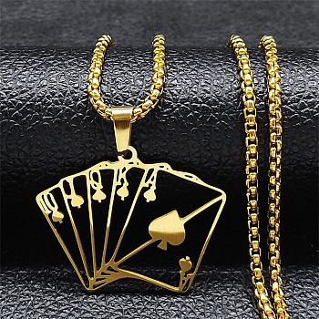 Hollow Playing Card 304 Stainless Steel Pendant Necklaces, Golden, 23.54 inch(59.8cm)