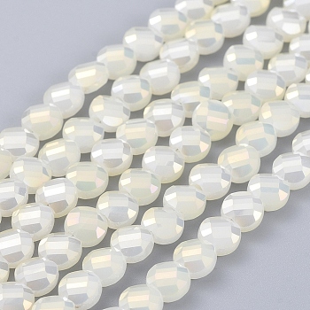 Electroplate Glass Beads Strands, Faceted, Flat Round, Full Rainbow Plated, Light Yellow, 6x4mm, Hole: 1.2mm, about 100pcs/Strand, 23.23 inch(59cm)