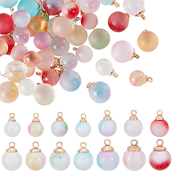 70Pcs 14 Styles Transparent Spray Painted Glass Pendants, with Light Gold Plated Brass Loop, Frosted, with Glitter Powder, Round, Mixed Color, 12~14x8~10mm, Hole: 1.6~2mm, 5pcs/style