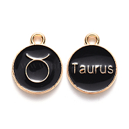 Alloy Enamel Pendants, Cadmium Free & Lead Free, Flat Round with Constellation, Light Gold, Black, Taurus, 22x18x2mm, Hole: 1.5mm(X-ENAM-S124-01A-08C)