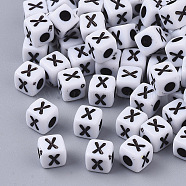 White Opaque Acrylic Beads, Horizontal Hole, Cube with Black Alphabet, Letter.X, 4~5x4~5x4~5mm, Hole: 1.8mm, about 255~260pcs/20g(X-MACR-R869-02X)