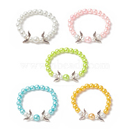 Glass Imitation Pearl Beaded Stretch Bracelets, Alloy Wing Jewelry for Kids, Mixed Color, 1/4 inch(0.65cm), Inner Diameter: 2-1/8 inch(5.5cm)(BJEW-JB09924)