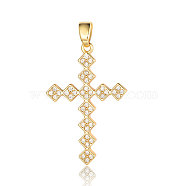 Brass Micro Pave Clear Cubic Zirconia Pendants, Rhombus Cross Charms, Real 18K Gold Plated, 30x20x2.1mm(ZIRC-OY008-01G)