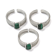 Natural Malachite Adjustable Rings, with Platinum Brass Findings, Long-Lasting Plated, Jewely for Women, Rectangle, Adjustable(RJEW-K269-12P-11)