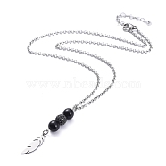 Pendant Necklaces, with Brass Cubic Zirconia Beads, Natural Black Agate Beads, 304 Stainless Steel Rolo Chains and Lobster Claw Clasps, Feather, Gunmetal, 17.79 inch(45.2cm)(NJEW-JN02641-01)