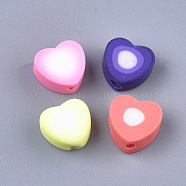 Handmade Polymer Clay Beads, Heart, Mixed Color, 9~9.5x10x4.5~5mm, Hole: 1.5~1.8mm(CLAY-T017-07)