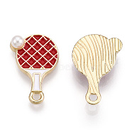 Alloy Pendants, with Enamel and ABS Plastic Imitation Pearl Bead, Cadmium Free & Lead Free, Light Gold, Racket, Red, 20x13x4mm, Hole: 2mm(ENAM-S119-088C-RS)