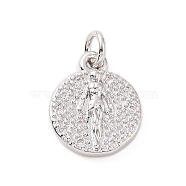 Brass Micro Pave Cubic Zirconia Charms, with Jump Ring, Flat Round with Girl Charm, Platinum, 13x10.5x2.5mm, Hole: 2.8mm(KK-C012-29P)