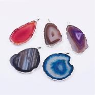 Natural Agate Big Pendants, with Brass Findings, Nuggets, Silver Color Plated, Mixed Color, 59~91x32~65x3~6mm, Hole: 5x7mm(G-P305-E-S)