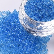 Glass Seed Beads, Transparent, Round, Deep Sky Blue, 12/0, 2mm, Hole: 1mm, about 6666pcs/100g(X1-SEED-A004-2mm-3B)