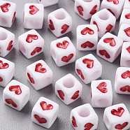 White Opaque Acrylic Beads, Cube with Heart, FireBrick, 6.5x6x6mm, Hole: 3mm(MACR-T038-12B)
