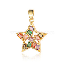 Brass Colorful Cubic Zirconia Pendants, Star Charms, Real 18K Gold Plated, 19x18x3.6mm(ZIRC-OY001-14G)
