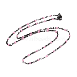 Ion Plating(IP) 304 Stainless Steel Cable Chain Necklaces, with Enamel, Pink, 17.91 inch(455mm)(NJEW-K122-03E)