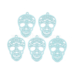 430 Stainless Steel Filigree Pendants, Spray Painted, Etched Metal Embellishments, Skull, Pale Turquoise, 23x15x0.5mm, Hole: 1.2mm(STAS-S108-23C)