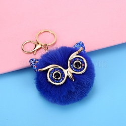 Owl Furry Pom-Pom Keychain for Women, Fur Car Charm Bag Pendant, Medium Blue, 80mm(PW-WG49E57-03)