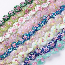 Handmade Bumpy Lampwork Beads Strands, Flat Round with Flower, Mixed Color, 17~20.5x10~14mm, Hole: 1.4mm(LAMP-K027-06)