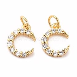 Rack Plating Brass Micro Pave Cubic Zirconia Pendants, Long-Lasting Plated, with Jump Ring, Moon, Real 18K Gold Plated, 12x9.5x2.5mm, Jump Ring: 5x0.8mm, Inner Diameter: 3.4mm(KK-B057-08G)
