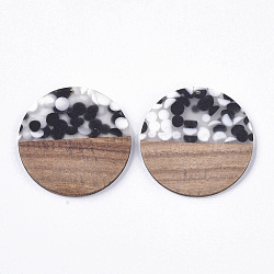 Resin & Walnut Wood Pendants, Flat Round with Spot, Clear, 49x3~4mm, Hole: 2mm(RESI-Q210-008A-A01)