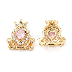 Brass Micro Pave Pink Cubic Zirconia Charms, with Glass, Heart with Crown Charm, Real 18K Gold Plated, 14.5x13x6mm, Hole: 1.2mm(KK-F860-74G-02)