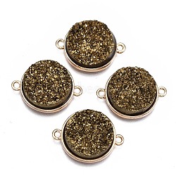 Natural Druzy Agate Links Connectors, with Light Gold Brass Findings, Dyed, Flat Round, Dark Khaki, 24x18x6.5~7.5mm, Hole: 1.8mm(G-T131-86G)