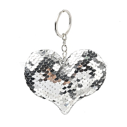 PVC Reflective Sequin Heart Pendant Keychain, with Platinum Plated Iron Findings, for Car Keychain Bag Ornament, Silver, 11.5~12cm(KEYC-L033-01P-05)