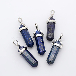 Natural Lapis Lazuli Double Terminated Pointed Pendants, with Random Alloy Pendant Hexagon Bead Cap Bails, Bullet, Platinum, 36~45x12mm, Hole: 3x5mm, Gemstone: 10mm in diameter(G-D415-16)