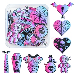 16Pcs 8 Style Halloween Printed Acrylic Pendants, Mummy/Bat/Skull/Heart/Cake Charm, Mixed Patterns, 32~46x15~45x2~2.6mm, Hole: 1.8mm, 2pcs/style(MACR-FS0001-42)