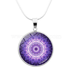 Glass Mandala Flower Dome Pendant Necklace, Platinum Brass Jewelry for Women, Purple, 24.21 inch(61.5cm)(MAND-PW0001-02D)