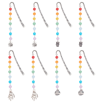 8Pcs 4 Style Tibetan Style Alloy Pendant Bookmarks for Halloween's Day, Hook Bookmark with Chakras Theme Imitation Gemstone Acrylic Beads, Pumpkin & Spider & Owl & Skeleton Hand & Skull, Colorful, 123~160.5mm, 2pcs/style