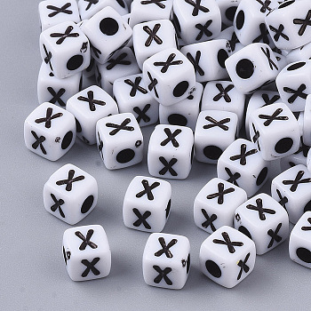 White Opaque Acrylic Beads, Horizontal Hole, Cube with Black Alphabet, Letter.X, 4~5x4~5x4~5mm, Hole: 1.8mm, about 255~260pcs/20g