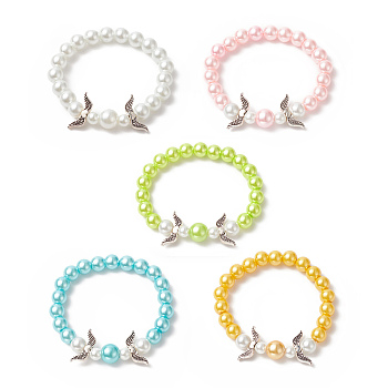 Glass Imitation Pearl Beaded Stretch Bracelets, Alloy Wing Jewelry for Kids, Mixed Color, 1/4 inch(0.65cm), Inner Diameter: 2-1/8 inch(5.5cm)