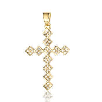 Brass Micro Pave Clear Cubic Zirconia Pendants, Rhombus Cross Charms, Real 18K Gold Plated, 30x20x2.1mm